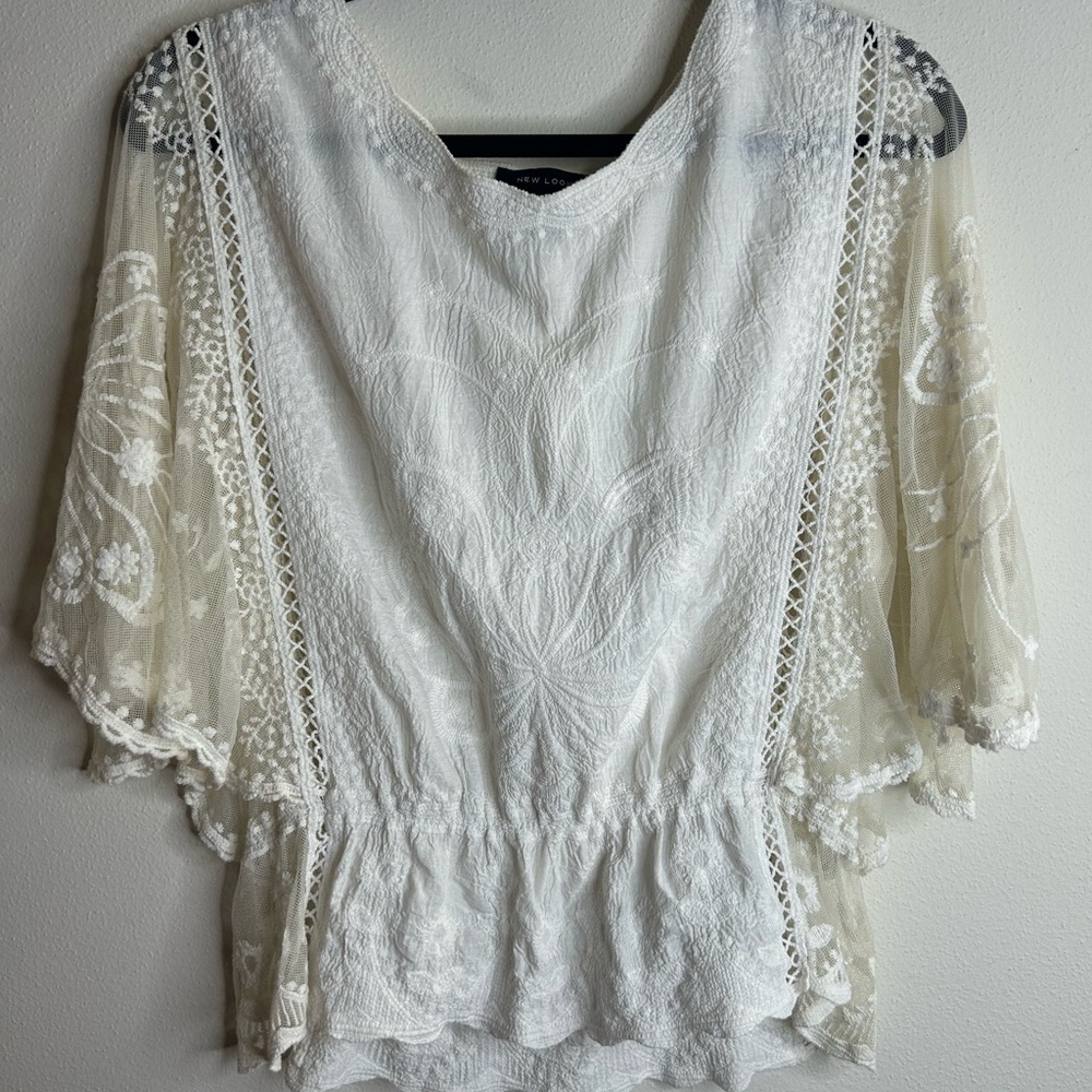 New Look White Lace Blouse with Sheer Sleeves